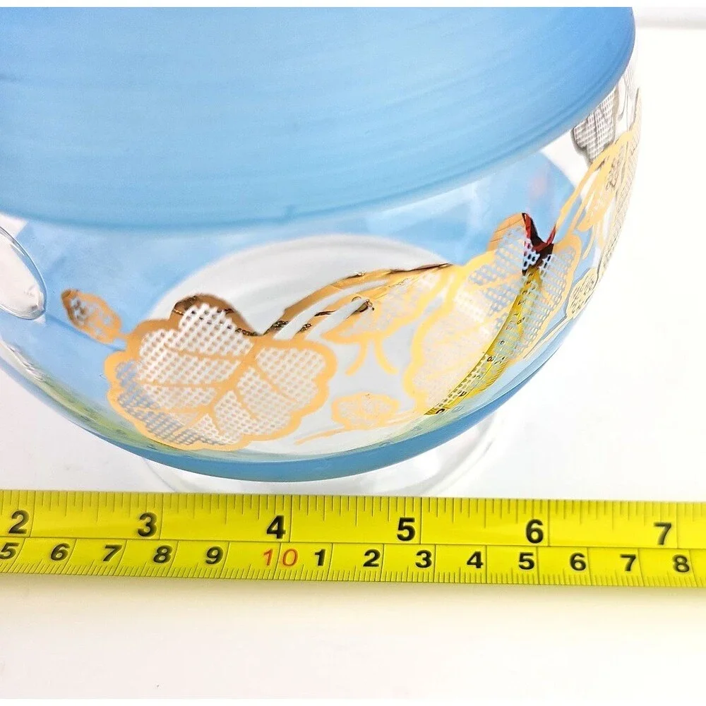 Vintage Mid Century Pastel Gold Leaf Frosted Blue Clear Glass Juice Pitcher 6 in